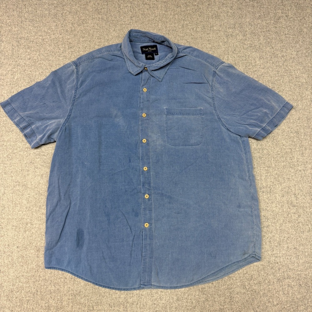 Nat Nast Button Up Shirt XL Blue Silk Cotton Short Sleeve Textured Pocket 2723
